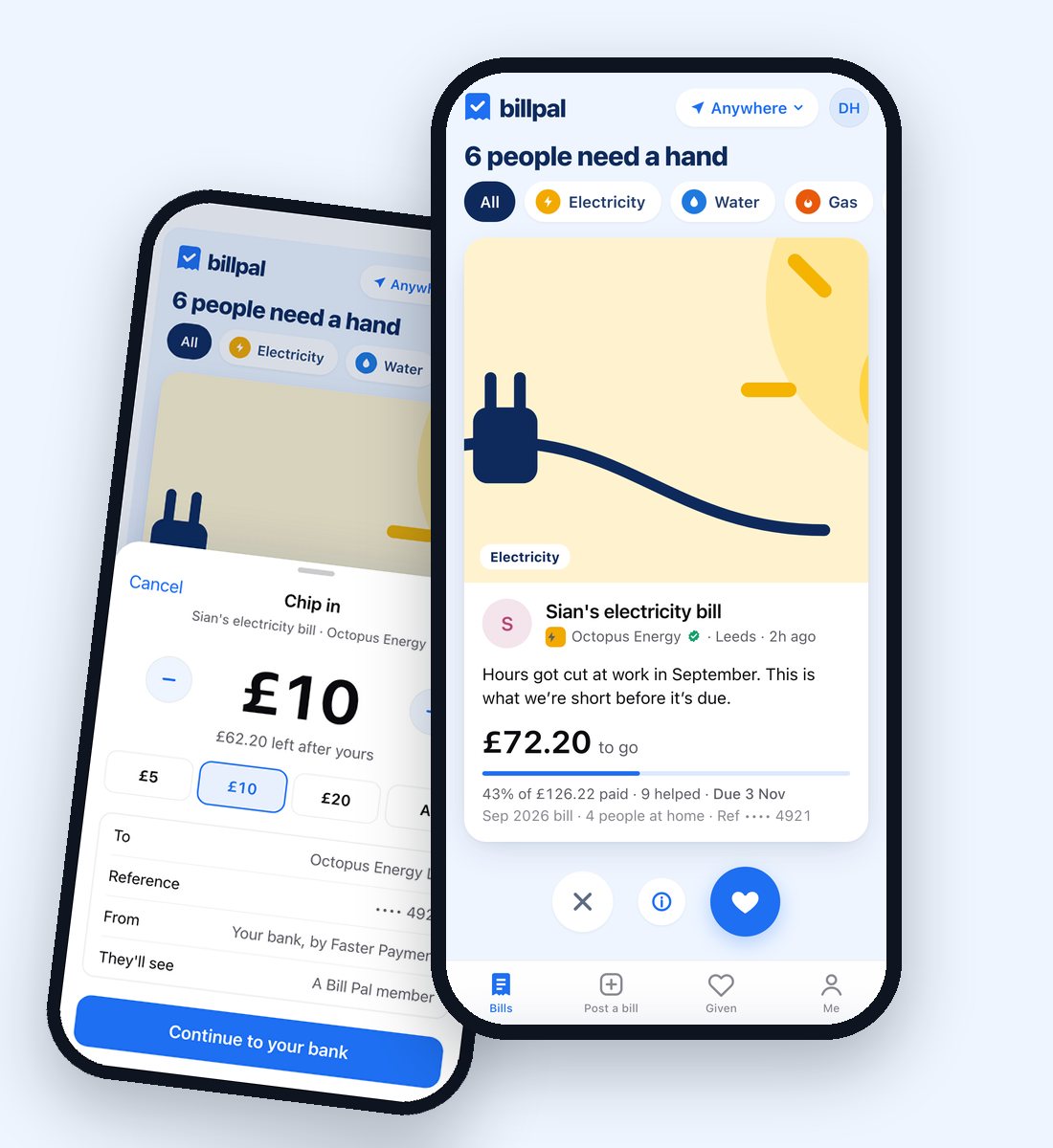 The Bill Pal app showing Sian's electricity bill with £72.20 to go, and the chip in screen set to £10